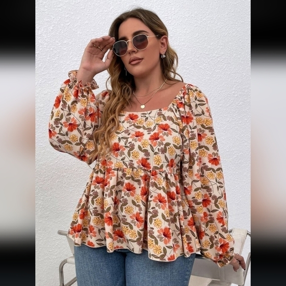 2/$20 SHEIN Curve Plus Floral Print Lantern Sleeve Peplum Hem Blouse Size 1X - Picture 3 of 12
